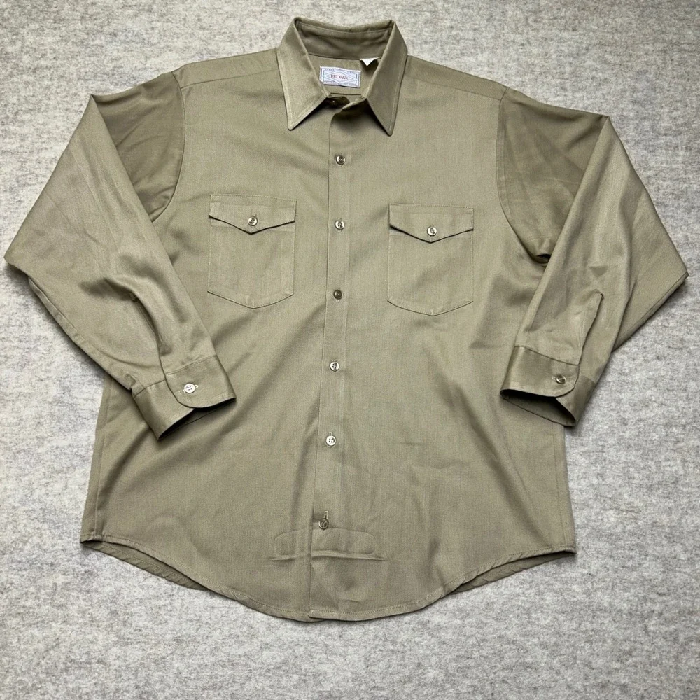 Big Yank Mens Long Sleeve Button Up Shirt Workwear Military Khaki Size 16 1/2 Lg